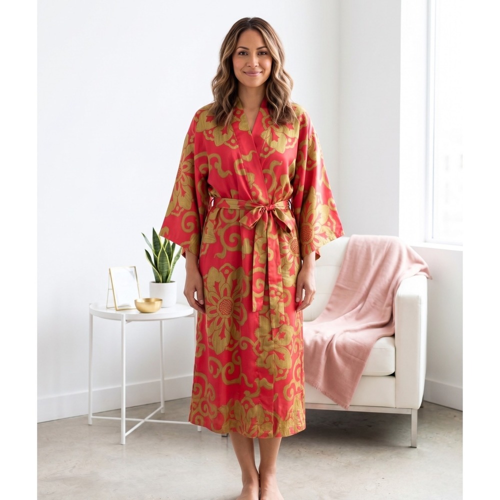 Natori Kimono Robe Womens XL Red Gold Floral Satin Long Wrap Lounge Sleepwear
